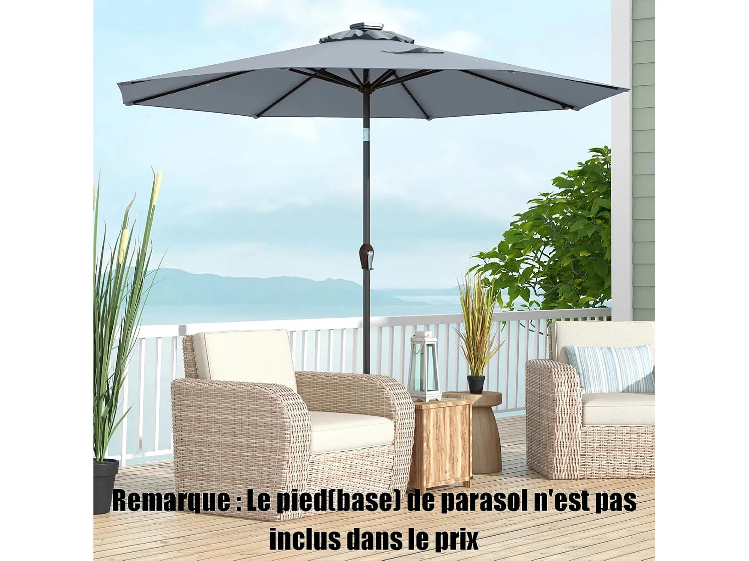 Parasol de Jardin Extérieur Ø 300 CM, Parasol Inclinable Lumineux Solaire avec 24 LED, Parasol Droit avec Manivelle et 8 Baleines Métalliques Robustes (Gris)