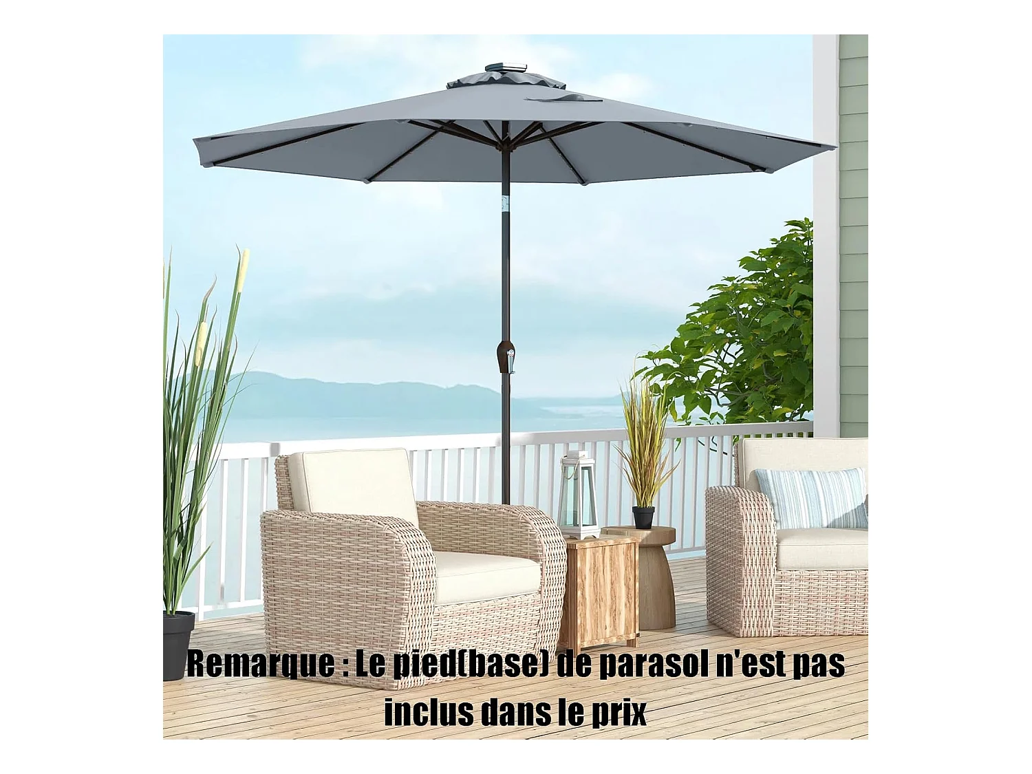 Parasol de Jardin Extérieur Ø 300 CM, Parasol Inclinable Lumineux Solaire avec 24 LED, Parasol Droit avec Manivelle et 8 Baleines Métalliques Robustes (Gris)