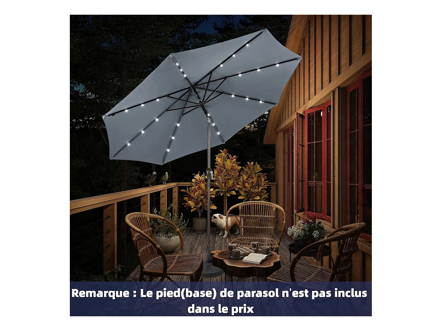 Parasol de Jardin Extérieur Ø 300 CM, Parasol Inclinable Lumineux Solaire avec 24 LED, Parasol Droit avec Manivelle et 8 Baleines Métalliques Robustes (Gris)