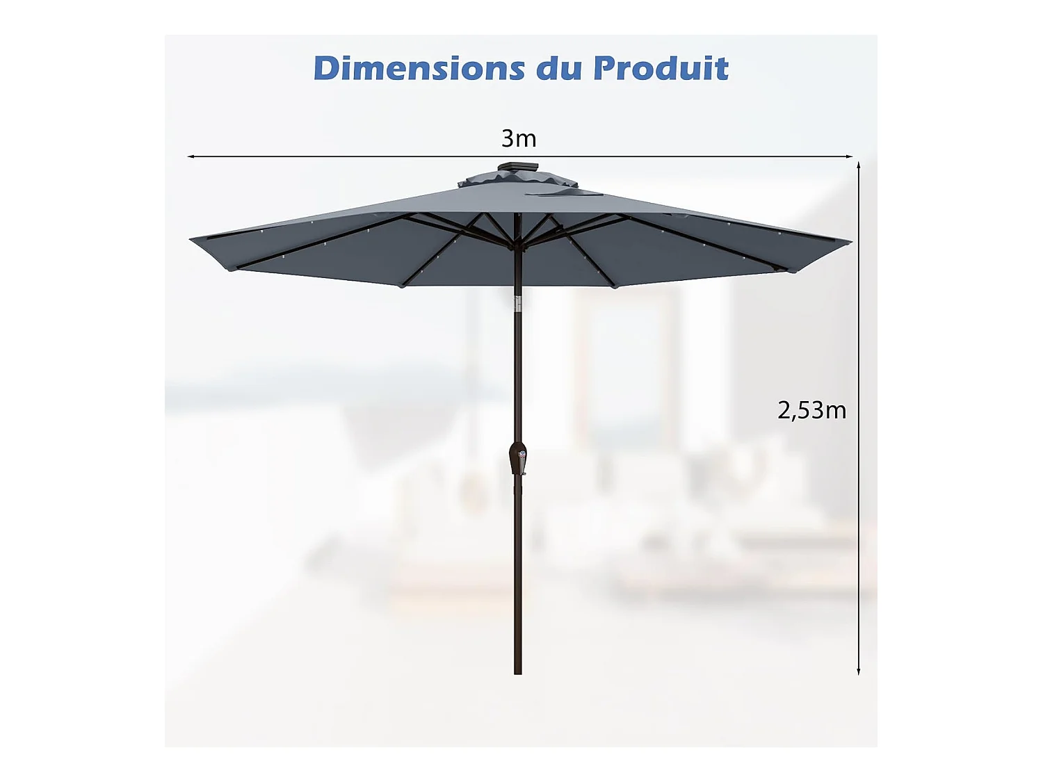 Parasol de Jardin Extérieur Ø 300 CM, Parasol Inclinable Lumineux Solaire avec 24 LED, Parasol Droit avec Manivelle et 8 Baleines Métalliques Robustes (Gris)