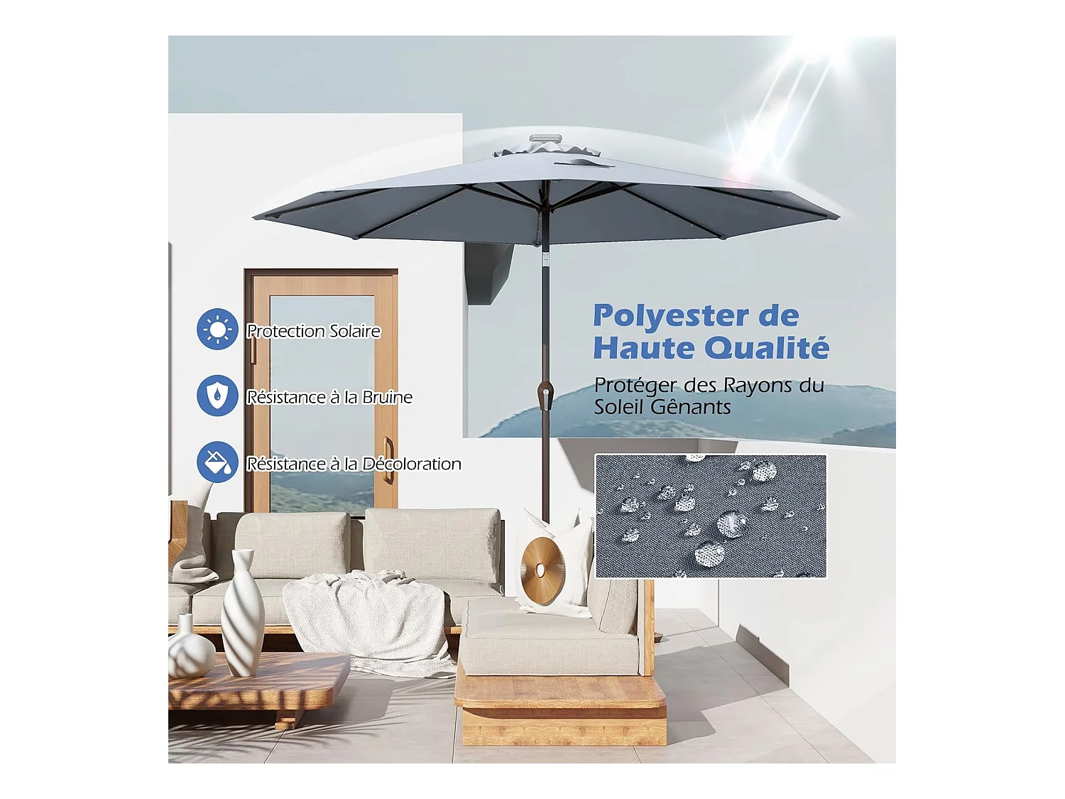 Parasol de Jardin Extérieur Ø 300 CM, Parasol Inclinable Lumineux Solaire avec 24 LED, Parasol Droit avec Manivelle et 8 Baleines Métalliques Robustes (Gris)