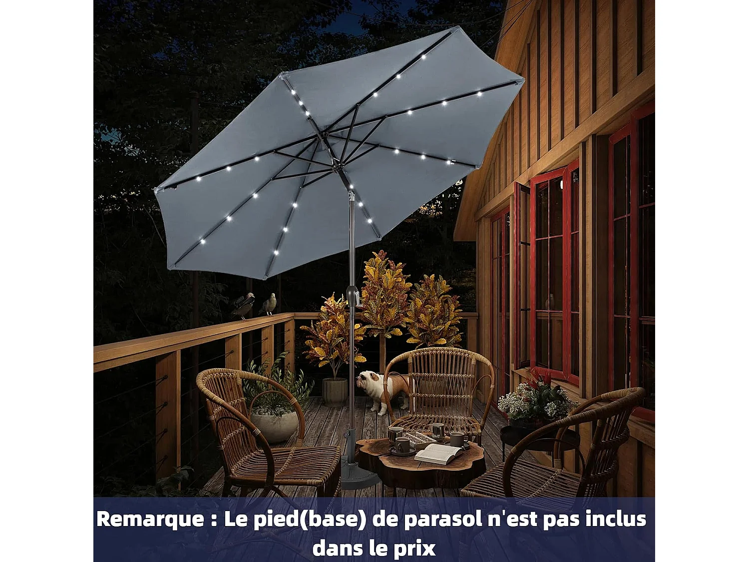 Parasol de Jardin Extérieur Ø 300 CM, Parasol Inclinable Lumineux Solaire avec 24 LED, Parasol Droit avec Manivelle et 8 Baleines Métalliques Robustes (Gris)