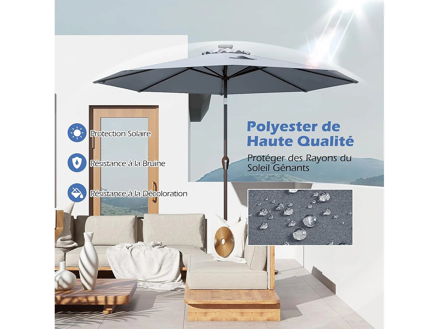 Parasol de Jardin Extérieur Ø 300 CM, Parasol Inclinable Lumineux Solaire avec 24 LED, Parasol Droit avec Manivelle et 8 Baleines Métalliques Robustes (Gris)