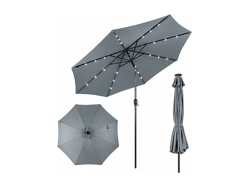 Parasol de Jardin Extérieur Ø 300 CM, Parasol Inclinable Lumineux Solaire avec 24 LED, Parasol Droit avec Manivelle et 8 Baleines Métalliques Robustes (Gris)