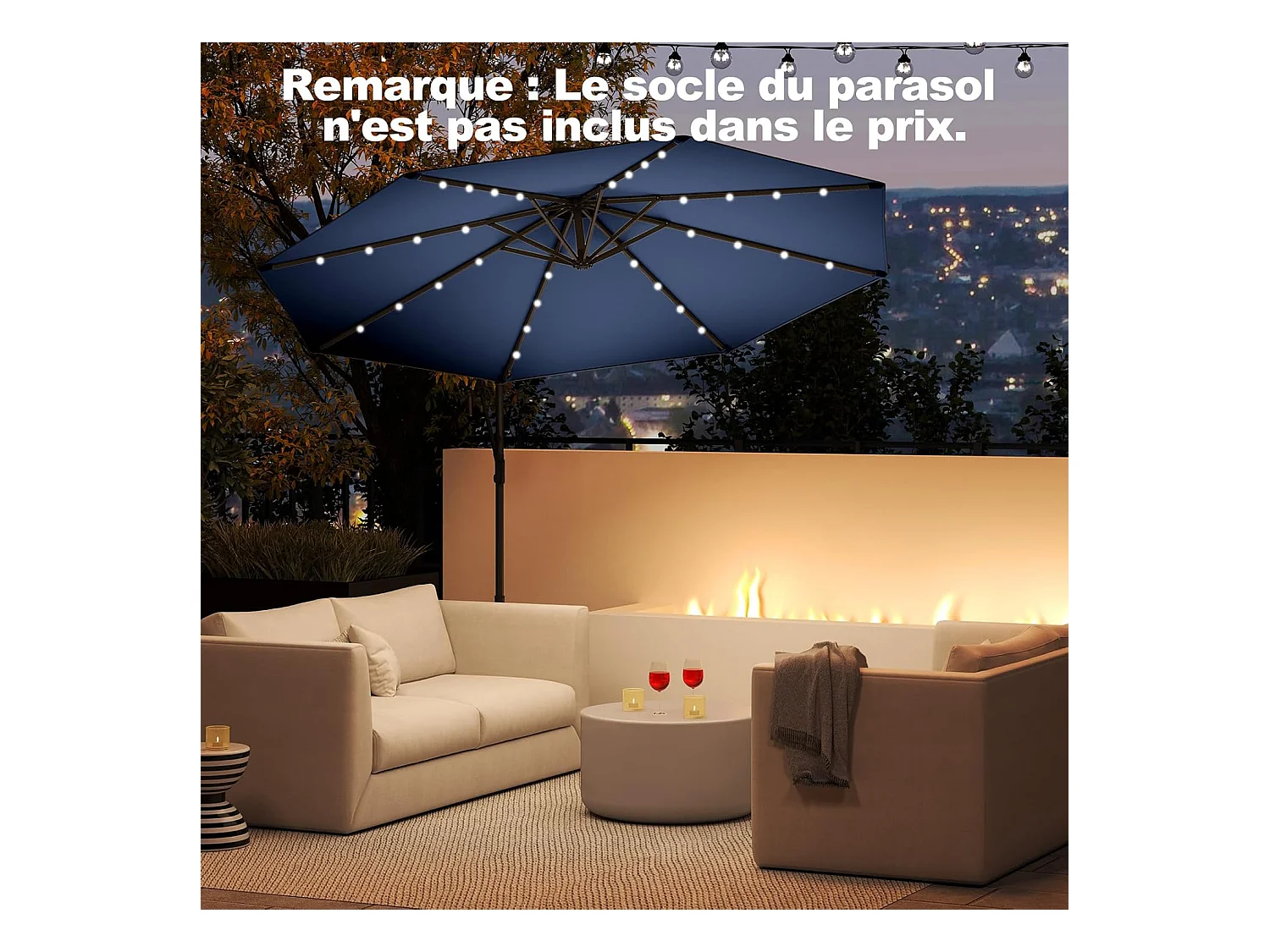 Parasol Déporté Excentré 300 CM, 32 LED Solaire, Inclinable et Rotation à 360°, 8 Baleines, Base Croisée, Parasol à Manivelle (Marine)