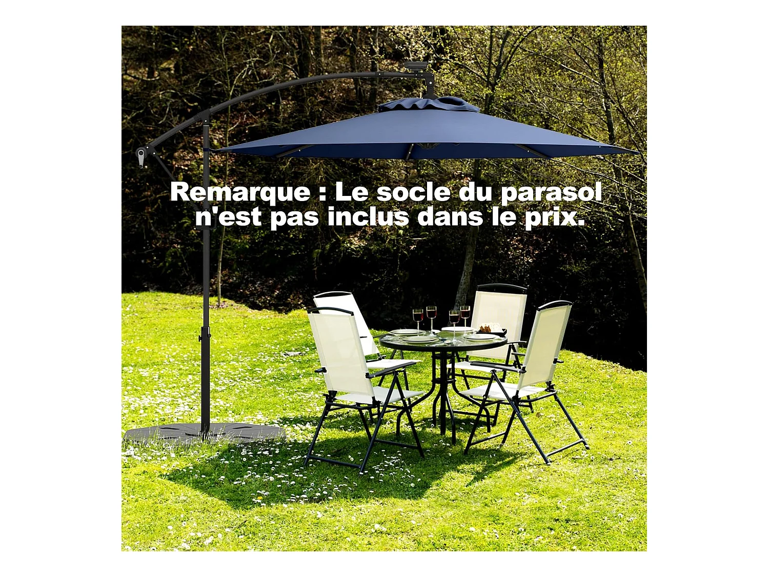 Parasol Déporté Excentré 300 CM, 32 LED Solaire, Inclinable et Rotation à 360°, 8 Baleines, Base Croisée, Parasol à Manivelle (Marine)