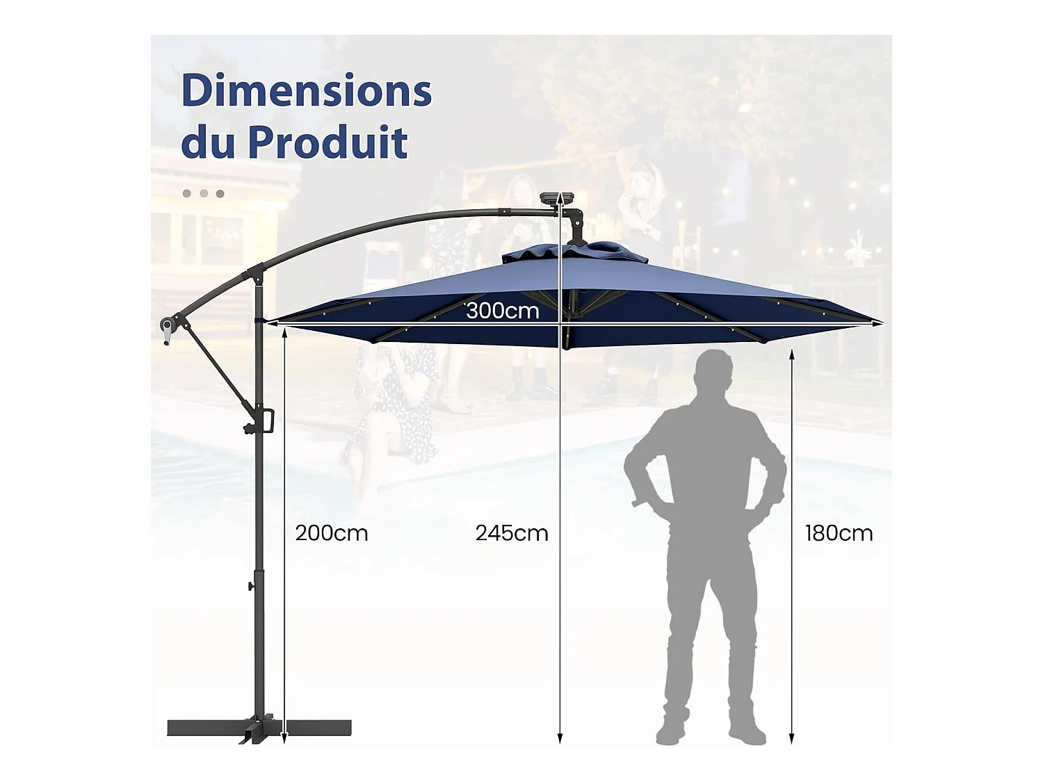 Parasol Déporté Excentré 300 CM, 32 LED Solaire, Inclinable et Rotation à 360°, 8 Baleines, Base Croisée, Parasol à Manivelle (Marine)