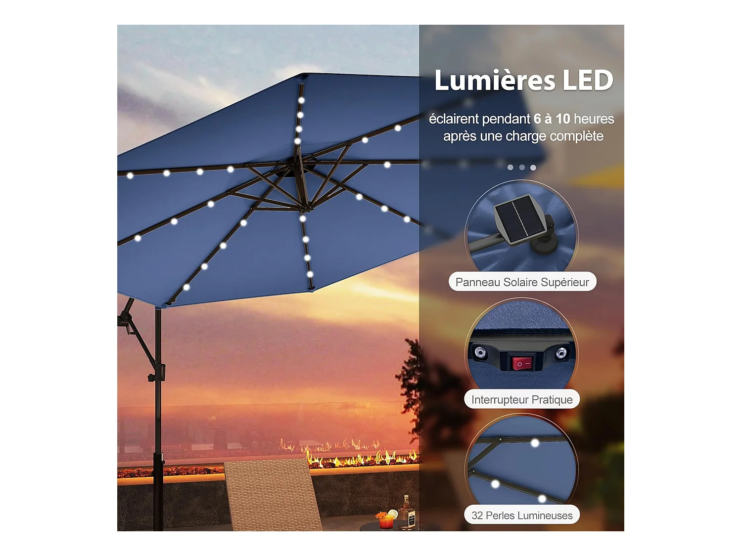 Parasol Déporté Excentré 300 CM, 32 LED Solaire, Inclinable et Rotation à 360°, 8 Baleines, Base Croisée, Parasol à Manivelle (Marine)