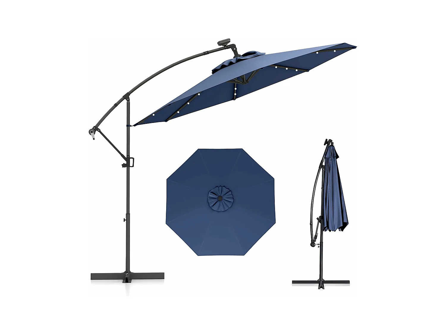 Parasol Déporté Excentré 300 CM, 32 LED Solaire, Inclinable et Rotation à 360°, 8 Baleines, Base Croisée, Parasol à Manivelle (Marine)