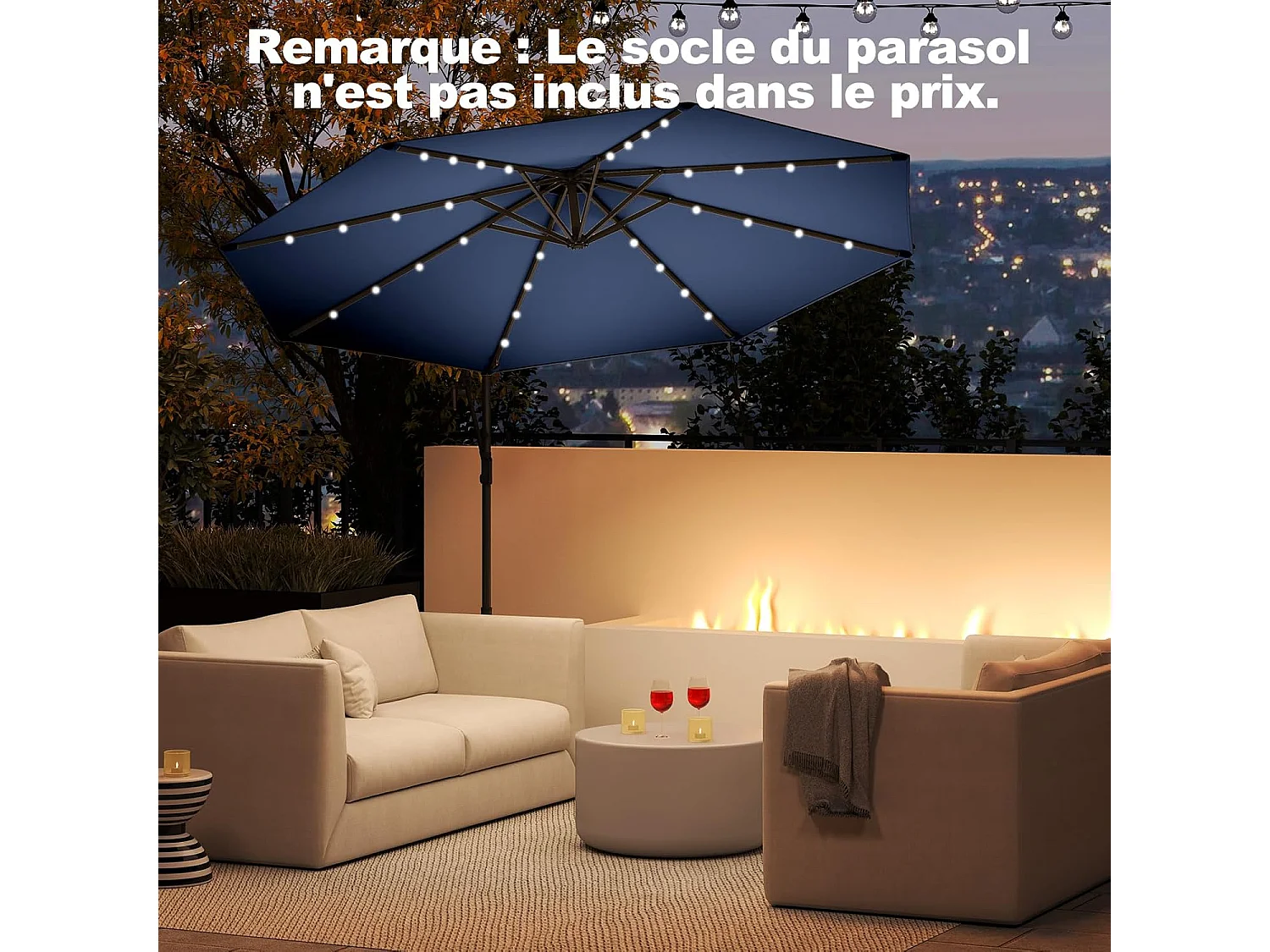 Parasol Déporté Excentré 300 CM, 32 LED Solaire, Inclinable et Rotation à 360°, 8 Baleines, Base Croisée, Parasol à Manivelle (Marine)
