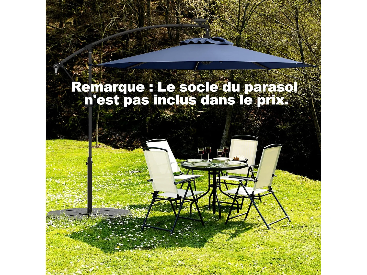 Parasol Déporté Excentré 300 CM, 32 LED Solaire, Inclinable et Rotation à 360°, 8 Baleines, Base Croisée, Parasol à Manivelle (Marine)