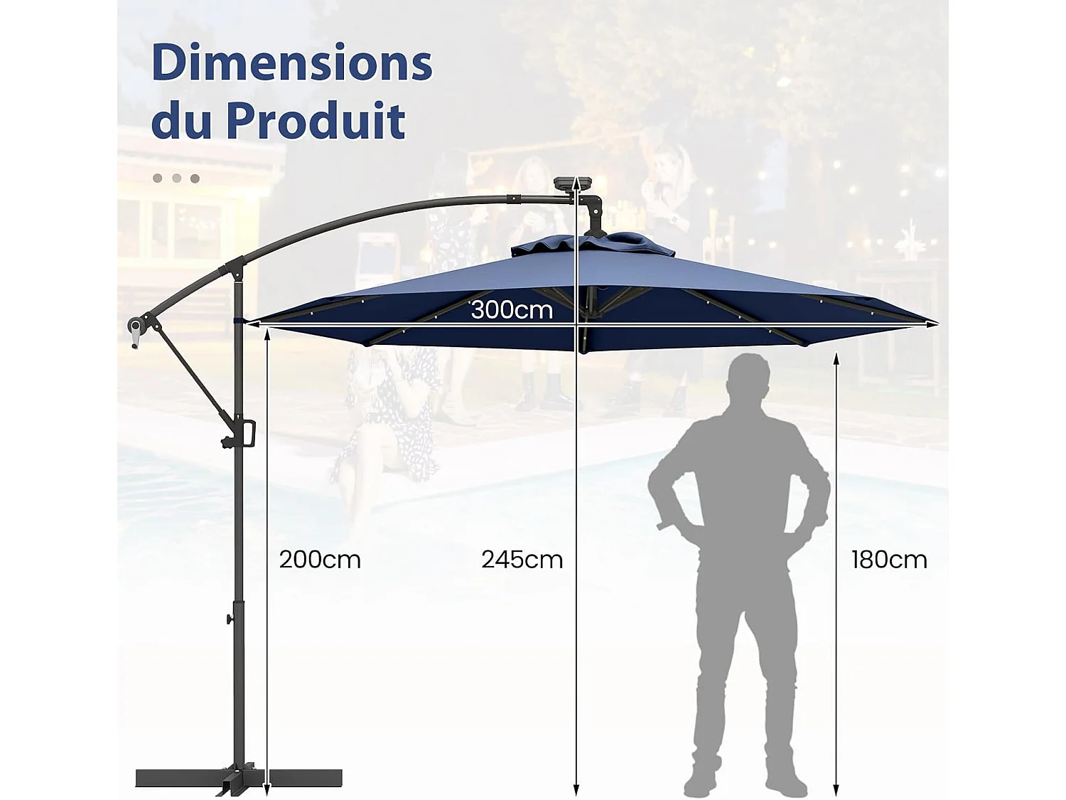Parasol Déporté Excentré 300 CM, 32 LED Solaire, Inclinable et Rotation à 360°, 8 Baleines, Base Croisée, Parasol à Manivelle (Marine)