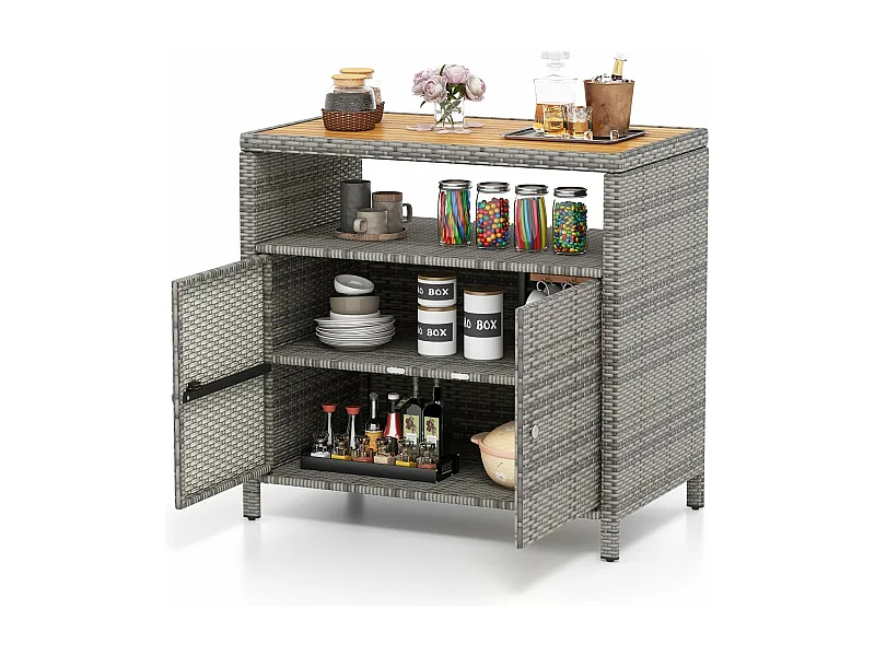 Armoire de Rangement Exterieur en Rotin, Armoire de Jardin avec Plateau en Bois d'Acacia Compartiment Ouvert Buffet à 2 Portes, Organisateur de Rangement (Gris)