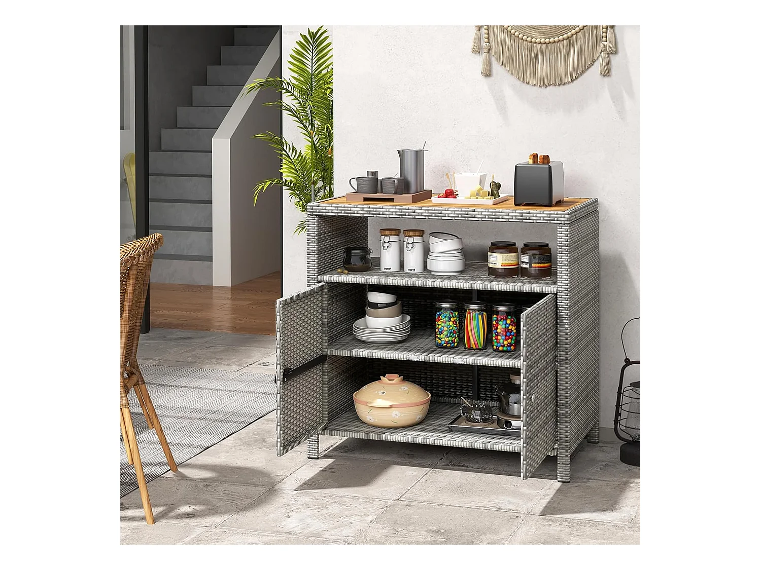 Armoire de Rangement Exterieur en Rotin, Armoire de Jardin avec Plateau en Bois d'Acacia Compartiment Ouvert Buffet à 2 Portes, Organisateur de Rangement (Gris)