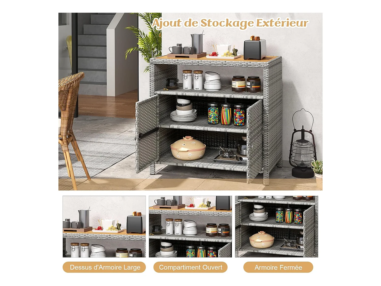 Armoire de Rangement Exterieur en Rotin, Armoire de Jardin avec Plateau en Bois d'Acacia Compartiment Ouvert Buffet à 2 Portes, Organisateur de Rangement (Gris)