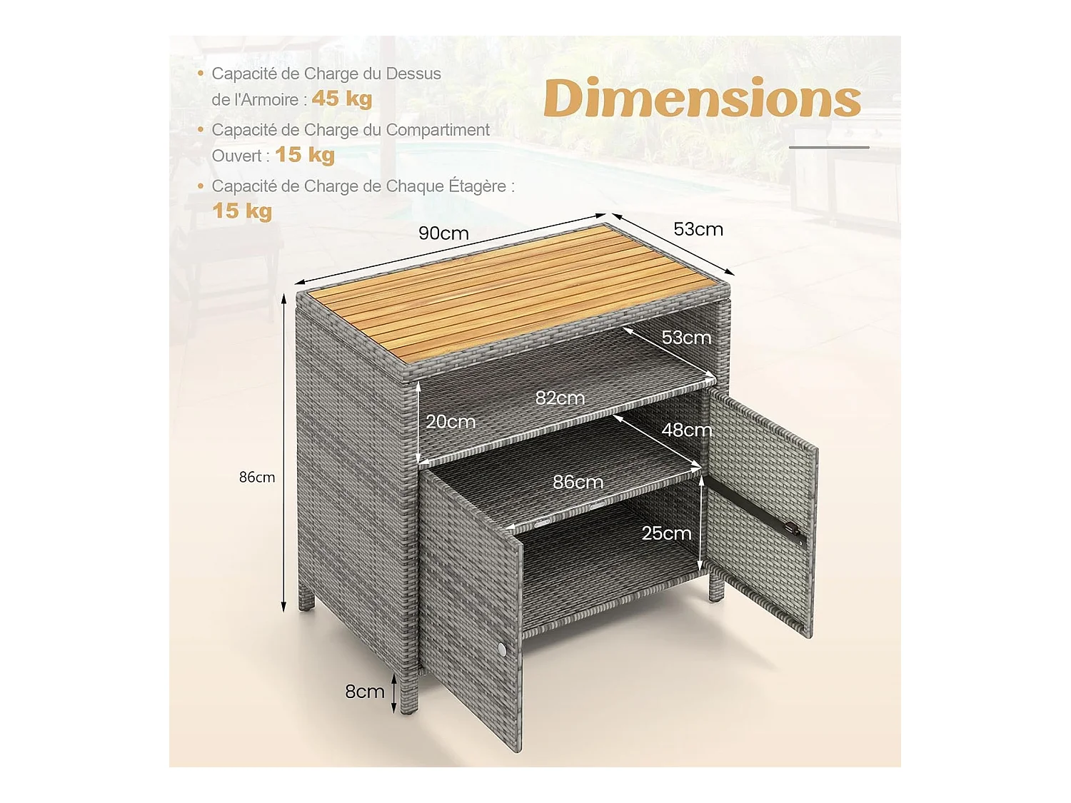 Armoire de Rangement Exterieur en Rotin, Armoire de Jardin avec Plateau en Bois d'Acacia Compartiment Ouvert Buffet à 2 Portes, Organisateur de Rangement (Gris)