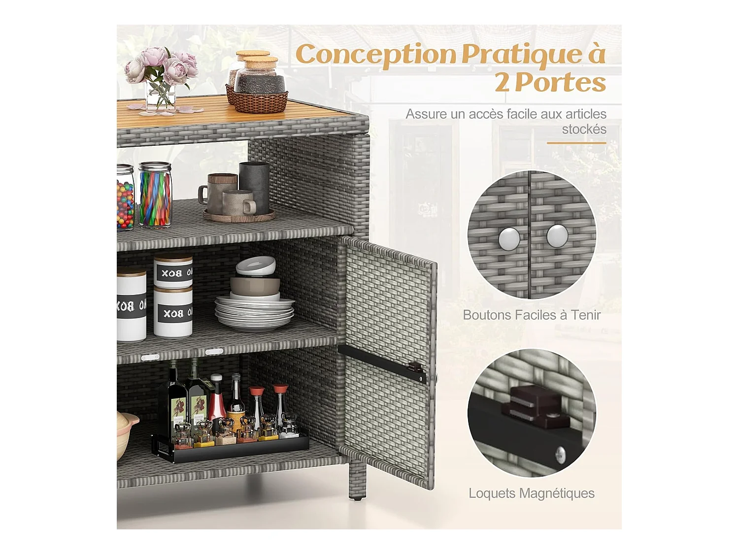 Armoire de Rangement Exterieur en Rotin, Armoire de Jardin avec Plateau en Bois d'Acacia Compartiment Ouvert Buffet à 2 Portes, Organisateur de Rangement (Gris)