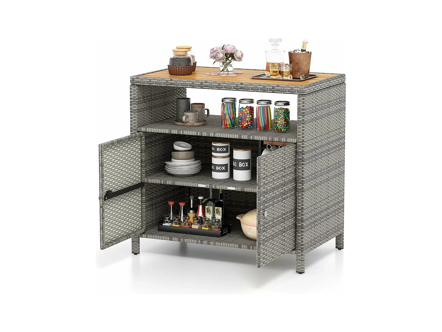 Armoire de Rangement Exterieur en Rotin, Armoire de Jardin avec Plateau en Bois d'Acacia Compartiment Ouvert Buffet à 2 Portes, Organisateur de Rangement (Gris)