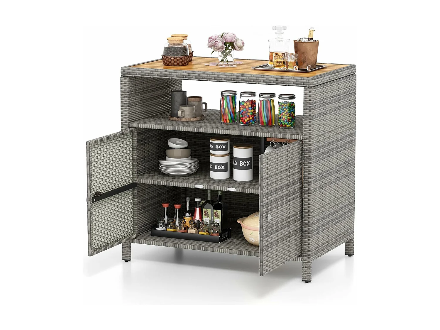 Opbergkast van rotan voor buiten, tuinkast met acaciahouten blad, open compartiment, dressoir met 2 deuren, opbergorganizer (grijs)