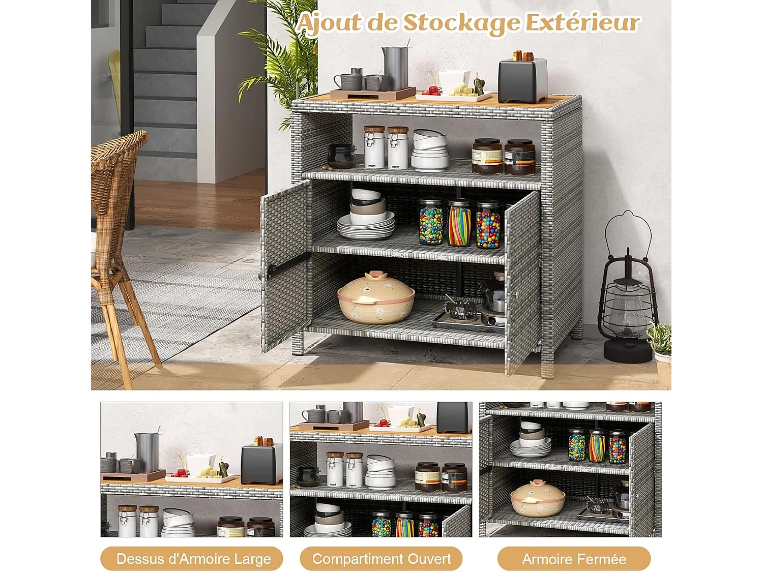 Opbergkast van rotan voor buiten, tuinkast met acaciahouten blad, open compartiment, dressoir met 2 deuren, opbergorganizer (grijs)