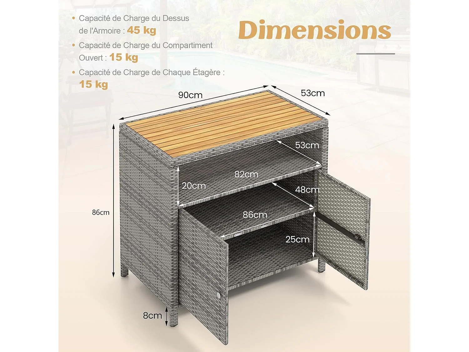 Opbergkast van rotan voor buiten, tuinkast met acaciahouten blad, open compartiment, dressoir met 2 deuren, opbergorganizer (grijs)
