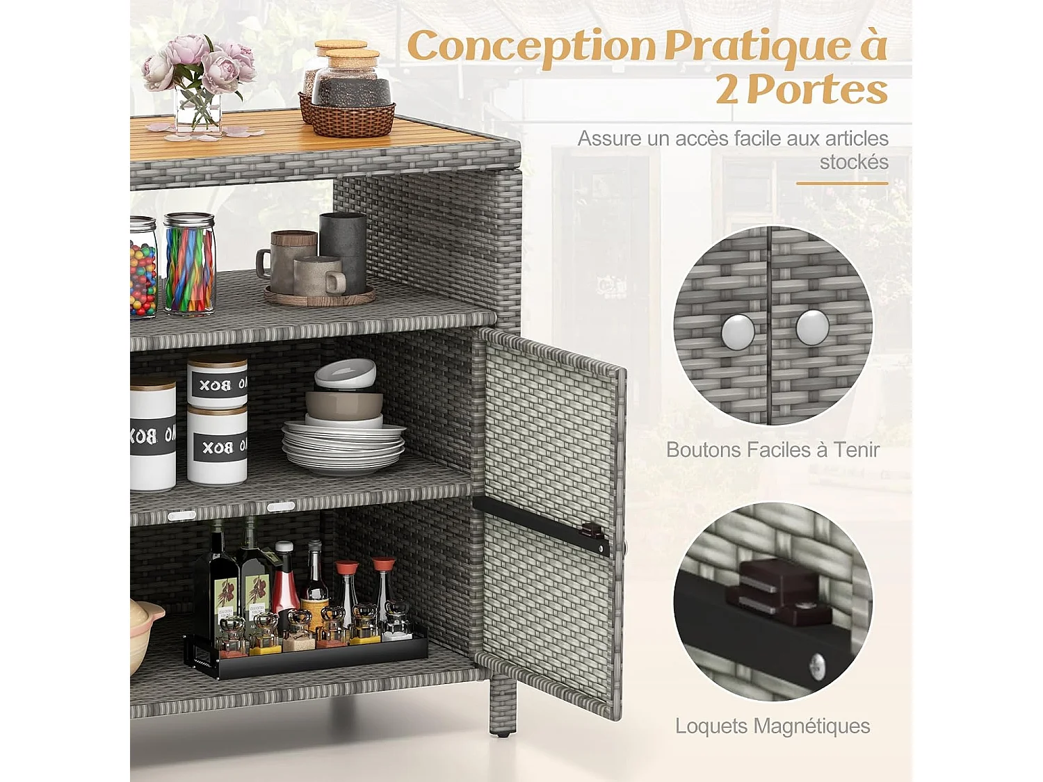 Opbergkast van rotan voor buiten, tuinkast met acaciahouten blad, open compartiment, dressoir met 2 deuren, opbergorganizer (grijs)