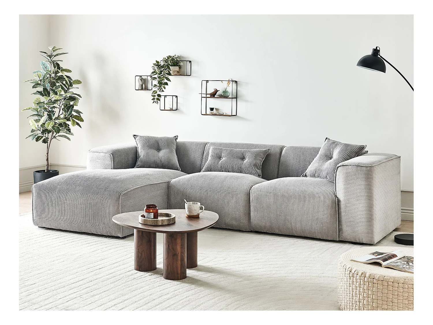 Ecksofa DOLVA Cord Hellgrau 3-Sitzer rechtsseitig