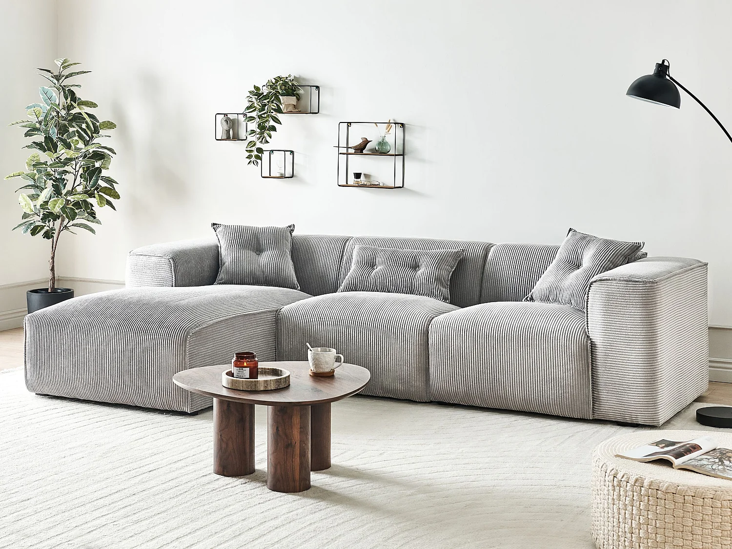 Ecksofa DOLVA Cord Hellgrau 3-Sitzer rechtsseitig