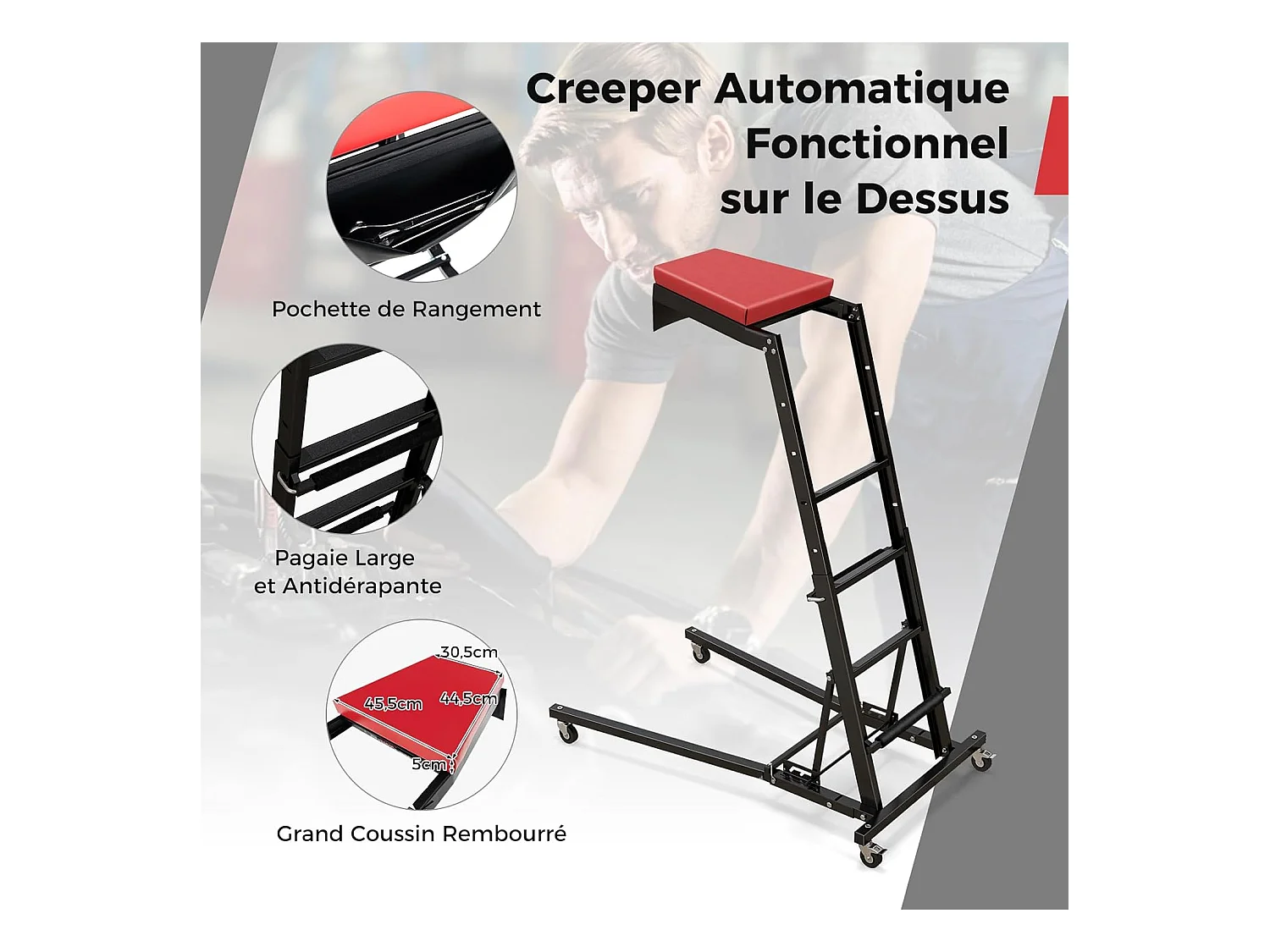 Tabouret d'Atelier Repliable pour Moteur avec Hauteur Réglable 114,5-168 cm, Chariot de Mécanicien Automobile avec Angle à 3 Vitesses Plateau Rembourré