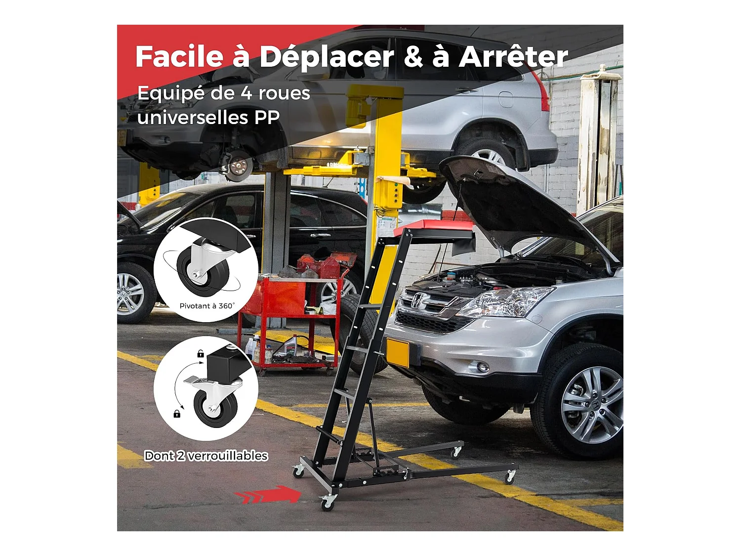 Tabouret d'Atelier Repliable pour Moteur avec Hauteur Réglable 114,5-168 cm, Chariot de Mécanicien Automobile avec Angle à 3 Vitesses Plateau Rembourré