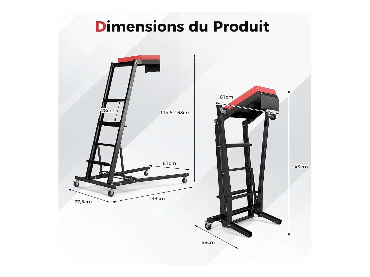 Tabouret d'Atelier Repliable pour Moteur avec Hauteur Réglable 114,5-168 cm, Chariot de Mécanicien Automobile avec Angle à 3 Vitesses Plateau Rembourré