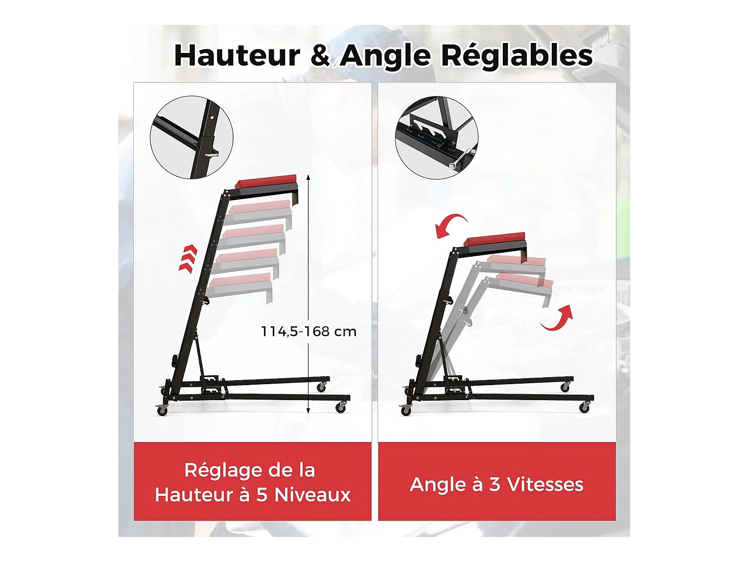 Tabouret d'Atelier Repliable pour Moteur avec Hauteur Réglable 114,5-168 cm, Chariot de Mécanicien Automobile avec Angle à 3 Vitesses Plateau Rembourré