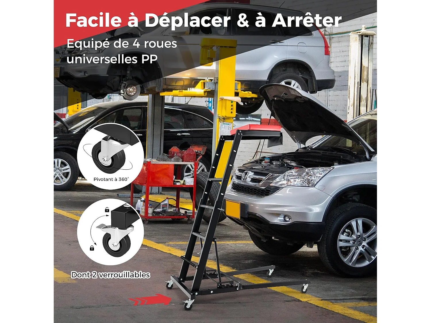 Tabouret d'Atelier Repliable pour Moteur avec Hauteur Réglable 114,5-168 cm, Chariot de Mécanicien Automobile avec Angle à 3 Vitesses Plateau Rembourré