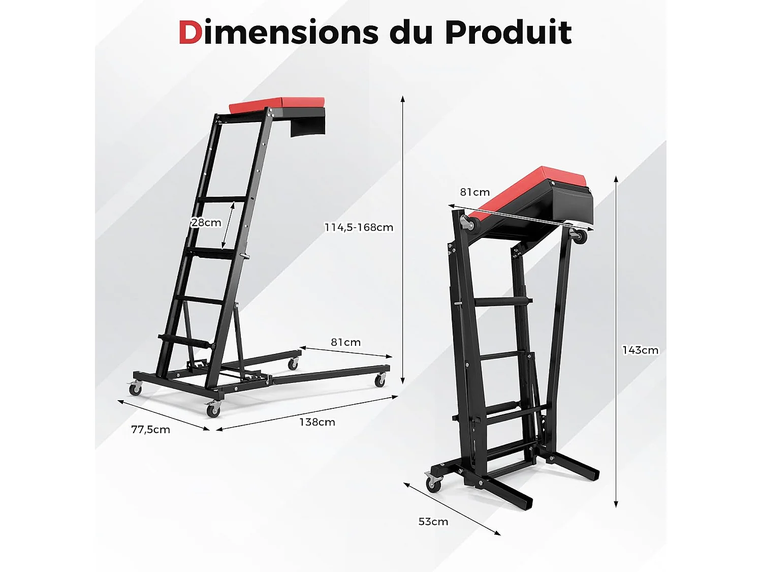 Tabouret d'Atelier Repliable pour Moteur avec Hauteur Réglable 114,5-168 cm, Chariot de Mécanicien Automobile avec Angle à 3 Vitesses Plateau Rembourré