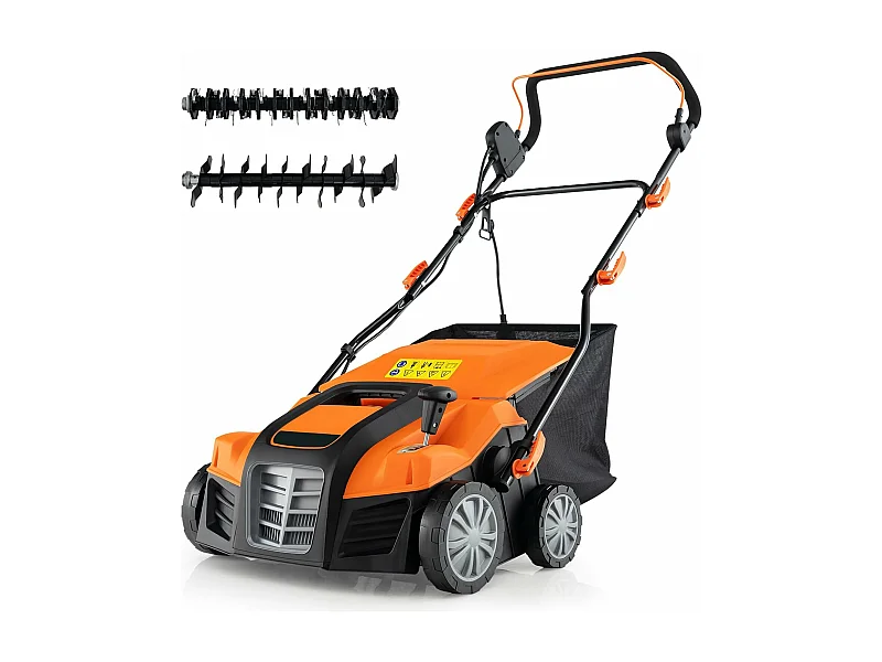 Scarificateur de Pelouse Électrique 2 en 1, avec Interrupteur de Sécurité Réglable à 5 Positions Sac de Ramassage 55 L, Aérateur Filaire avec 2 Lames (Orange)