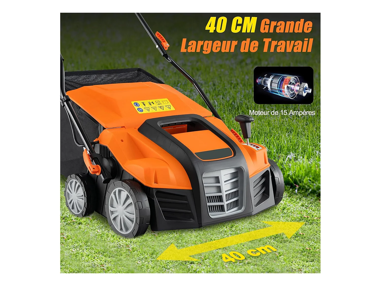 Scarificateur de Pelouse Électrique 2 en 1, avec Interrupteur de Sécurité Réglable à 5 Positions Sac de Ramassage 55 L, Aérateur Filaire avec 2 Lames (Orange)