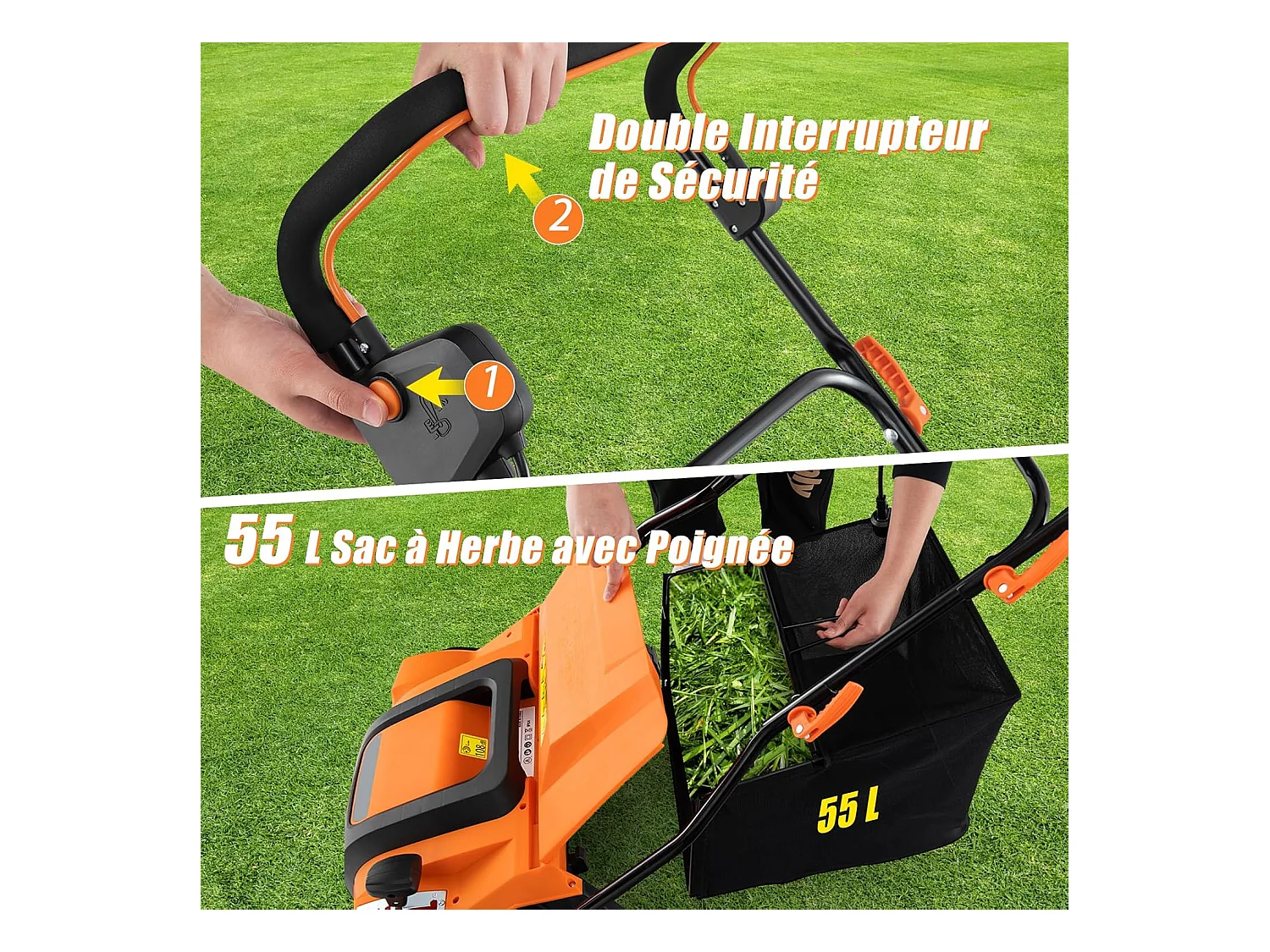Scarificateur de Pelouse Électrique 2 en 1, avec Interrupteur de Sécurité Réglable à 5 Positions Sac de Ramassage 55 L, Aérateur Filaire avec 2 Lames (Orange)