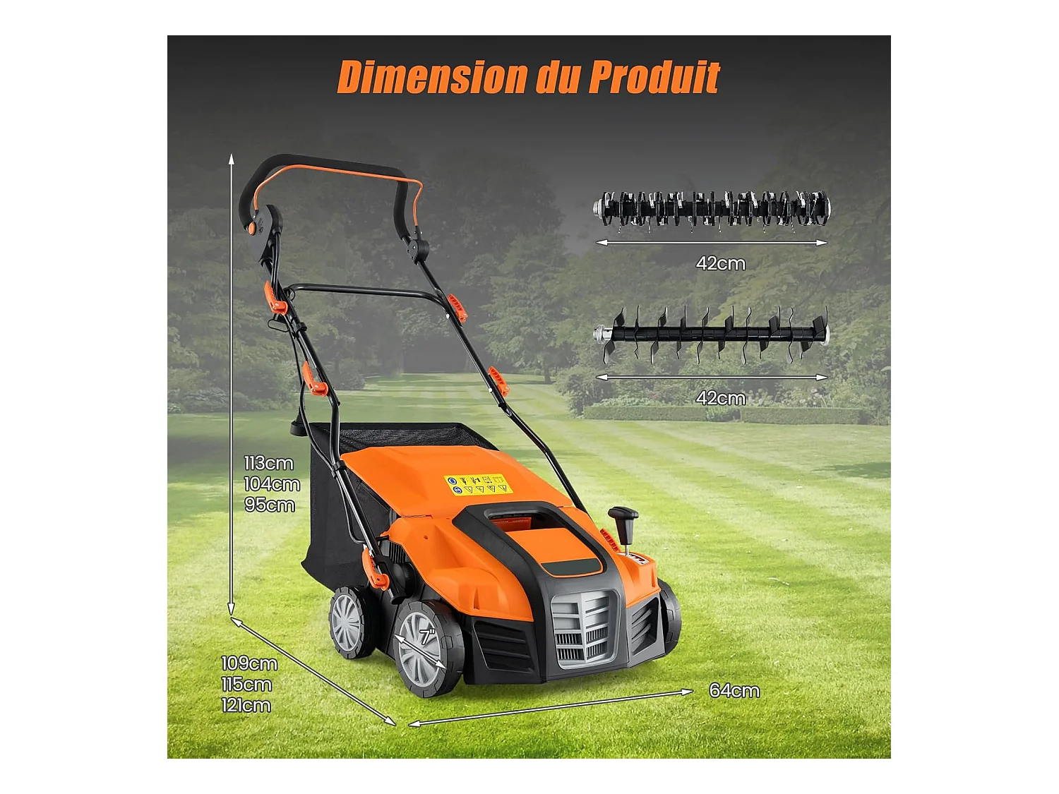 Scarificateur de Pelouse Électrique 2 en 1, avec Interrupteur de Sécurité Réglable à 5 Positions Sac de Ramassage 55 L, Aérateur Filaire avec 2 Lames (Orange)