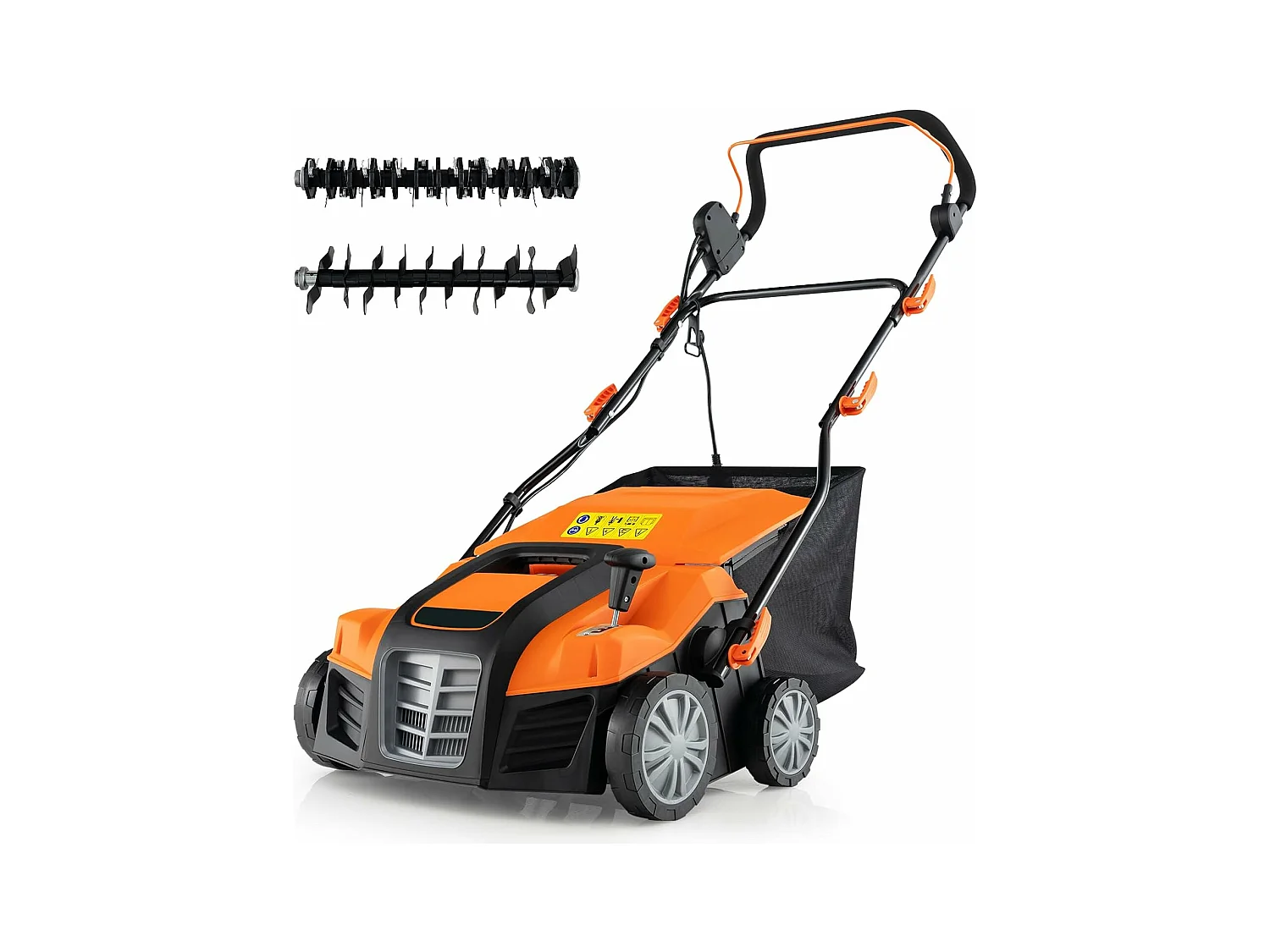 Scarificateur de Pelouse Électrique 2 en 1, avec Interrupteur de Sécurité Réglable à 5 Positions Sac de Ramassage 55 L, Aérateur Filaire avec 2 Lames (Orange)