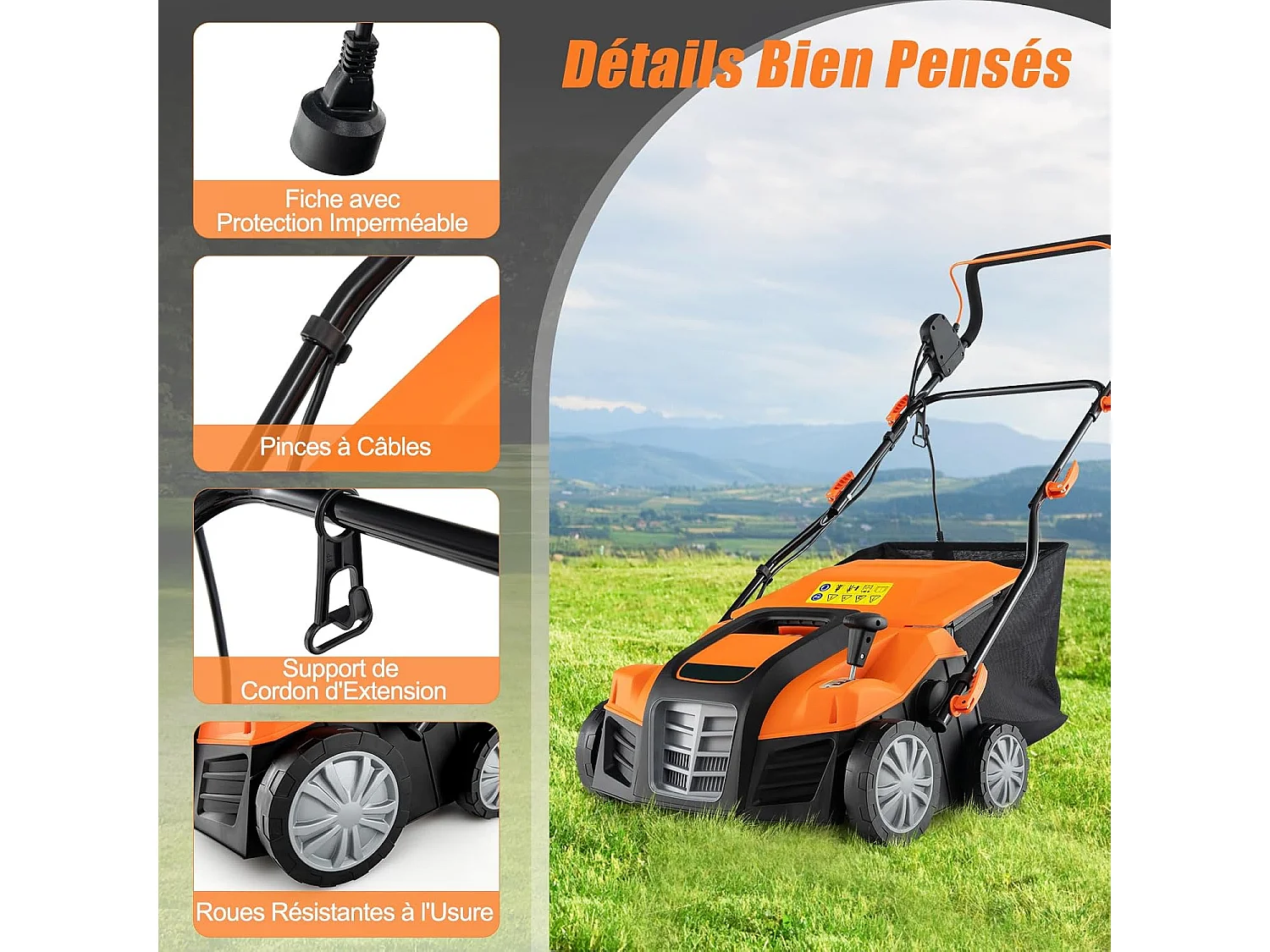 Scarificateur de Pelouse Électrique 2 en 1, avec Interrupteur de Sécurité Réglable à 5 Positions Sac de Ramassage 55 L, Aérateur Filaire avec 2 Lames (Orange)