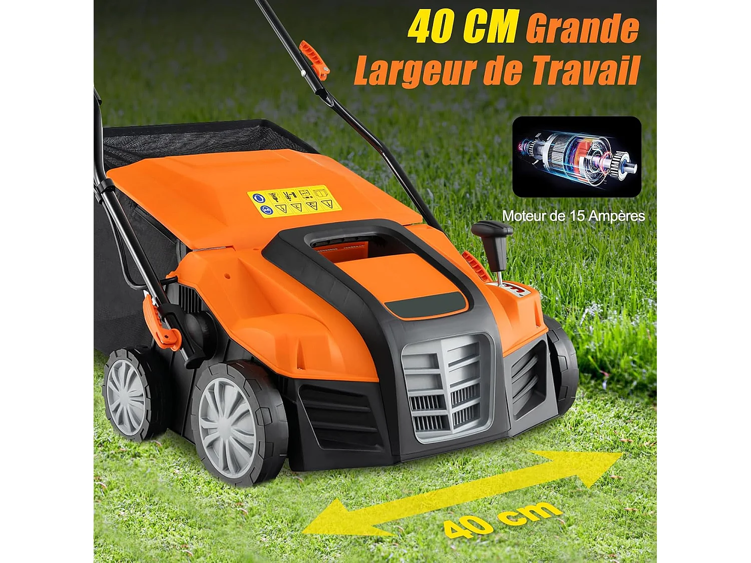 Scarificateur de Pelouse Électrique 2 en 1, avec Interrupteur de Sécurité Réglable à 5 Positions Sac de Ramassage 55 L, Aérateur Filaire avec 2 Lames (Orange)