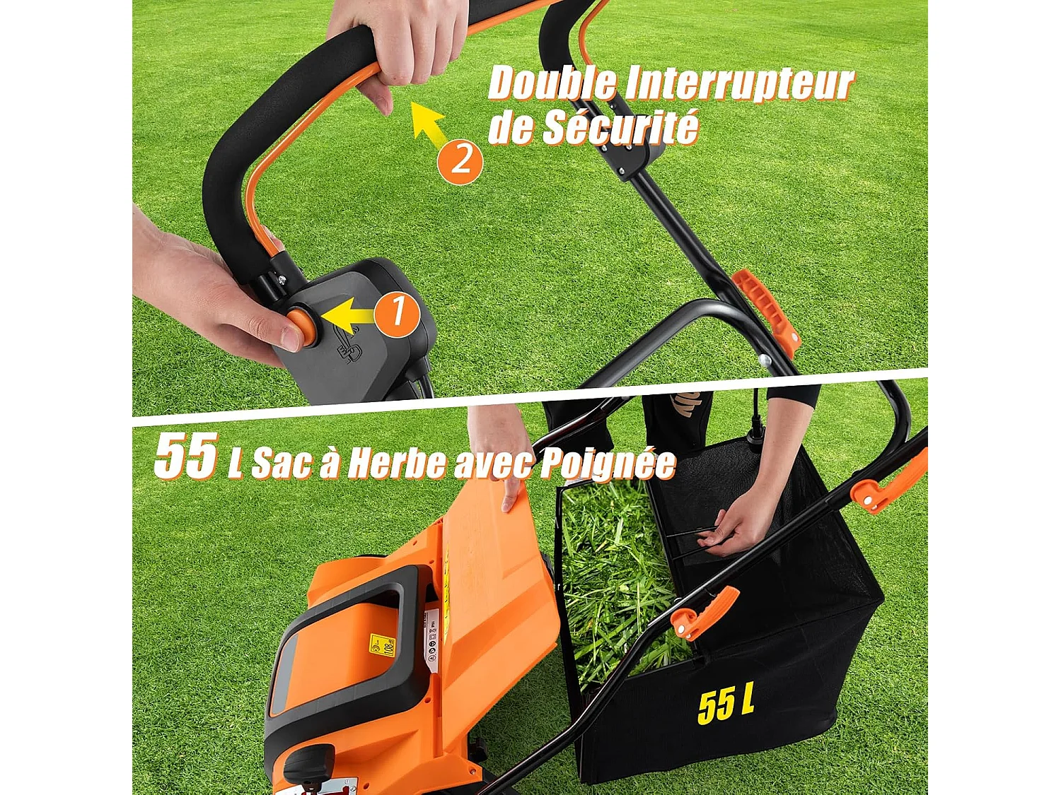 Scarificateur de Pelouse Électrique 2 en 1, avec Interrupteur de Sécurité Réglable à 5 Positions Sac de Ramassage 55 L, Aérateur Filaire avec 2 Lames (Orange)