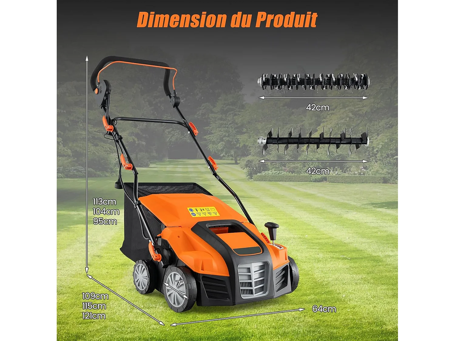 Scarificateur de Pelouse Électrique 2 en 1, avec Interrupteur de Sécurité Réglable à 5 Positions Sac de Ramassage 55 L, Aérateur Filaire avec 2 Lames (Orange)