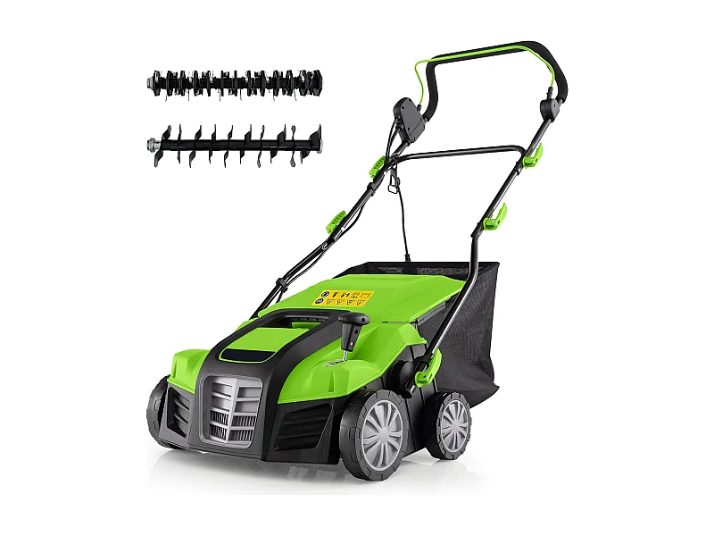 2-in-1 15A elektrische gazonverticuteermachine, beluchter met snoer, 2 messen en 5-standen verstelbare dubbele veiligheidsschakelaar (groen)