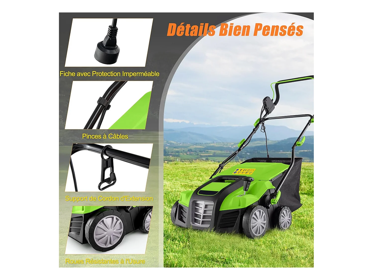 Scarificateur de Pelouse Électrique 2 en 1 de 15A,  Aérateur Filaire avec 2 Lames, Double Interrupteur de Sécurité Réglable à 5 Positions (Vert)