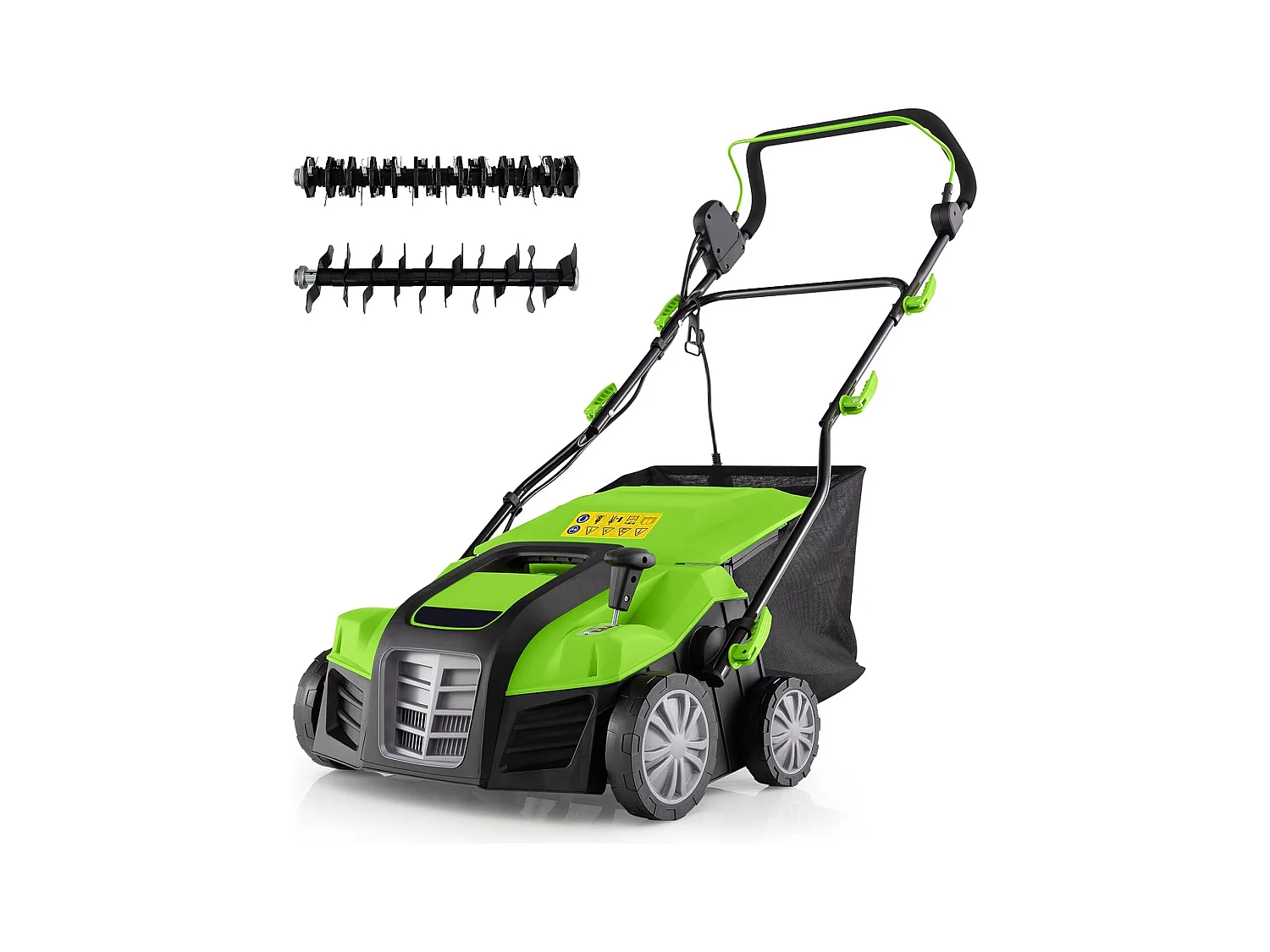Scarificateur de Pelouse Électrique 2 en 1 de 15A,  Aérateur Filaire avec 2 Lames, Double Interrupteur de Sécurité Réglable à 5 Positions (Vert)