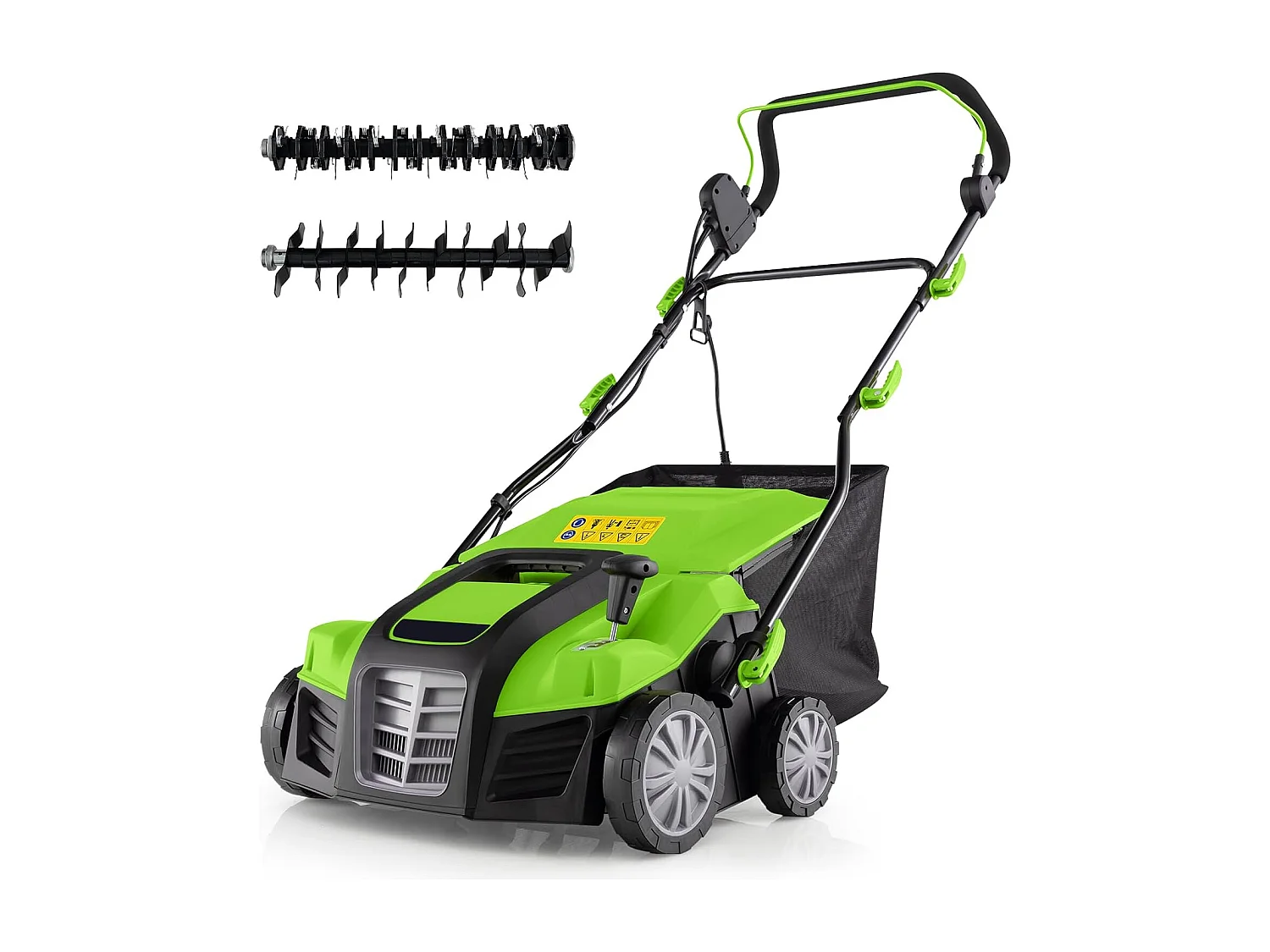 Scarificateur de Pelouse Électrique 2 en 1 de 15A,  Aérateur Filaire avec 2 Lames, Double Interrupteur de Sécurité Réglable à 5 Positions (Vert)