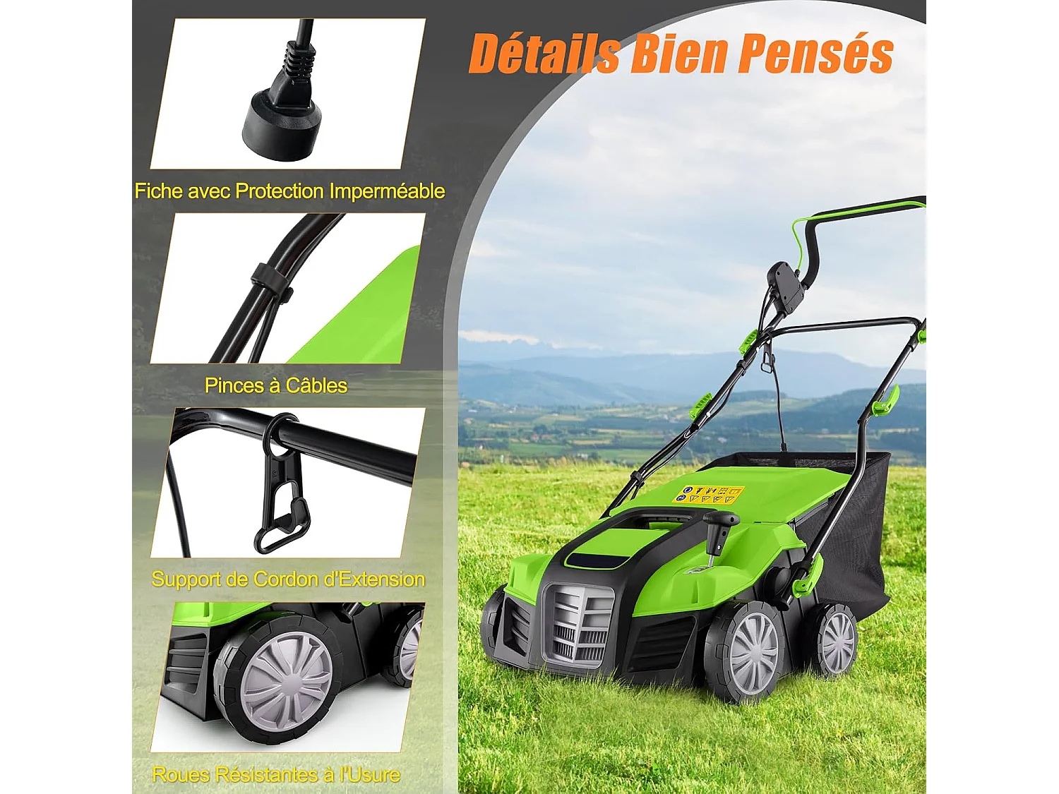 Scarificateur de Pelouse Électrique 2 en 1 de 15A,  Aérateur Filaire avec 2 Lames, Double Interrupteur de Sécurité Réglable à 5 Positions (Vert)