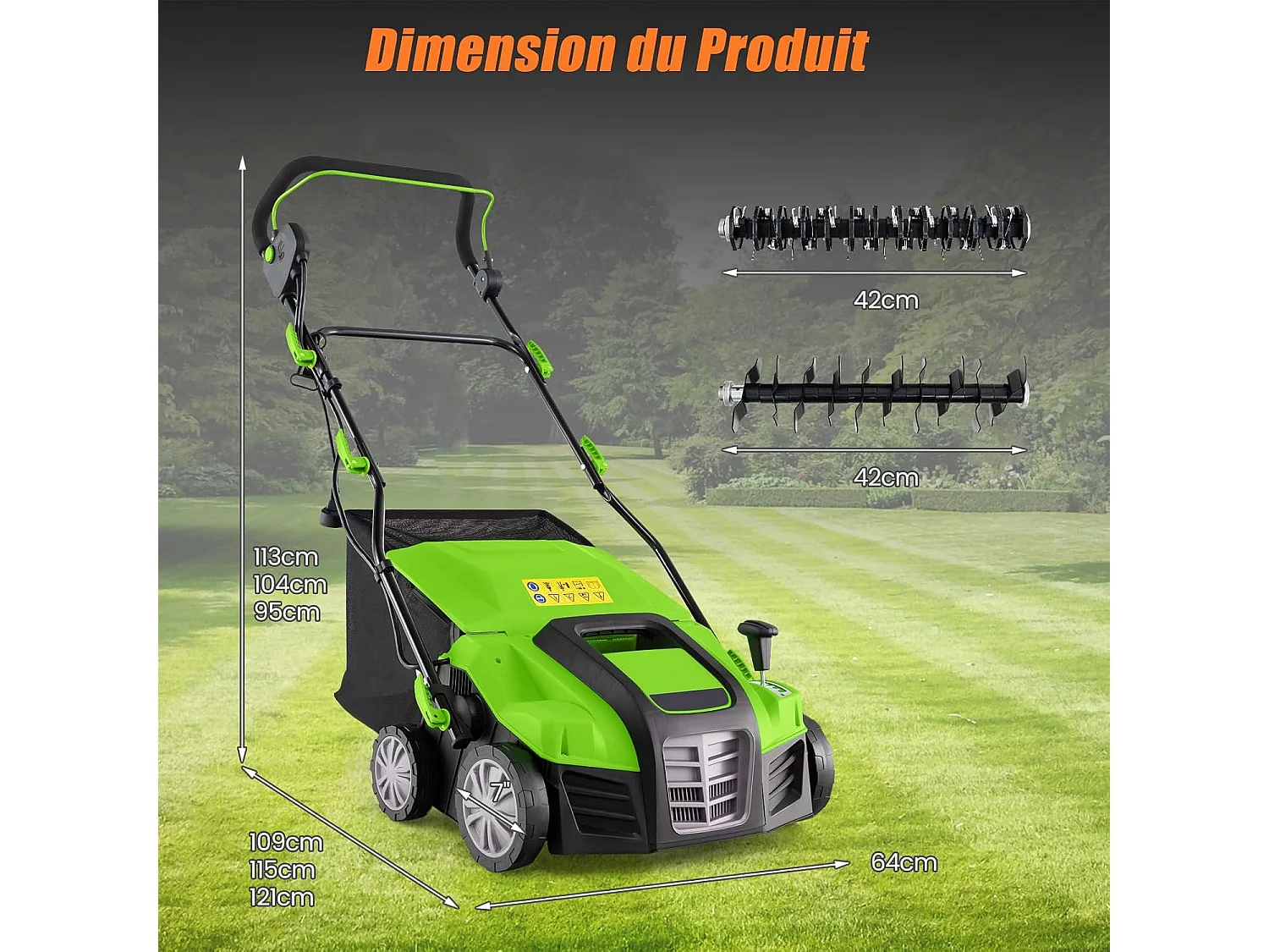 Scarificateur de Pelouse Électrique 2 en 1 de 15A,  Aérateur Filaire avec 2 Lames, Double Interrupteur de Sécurité Réglable à 5 Positions (Vert)