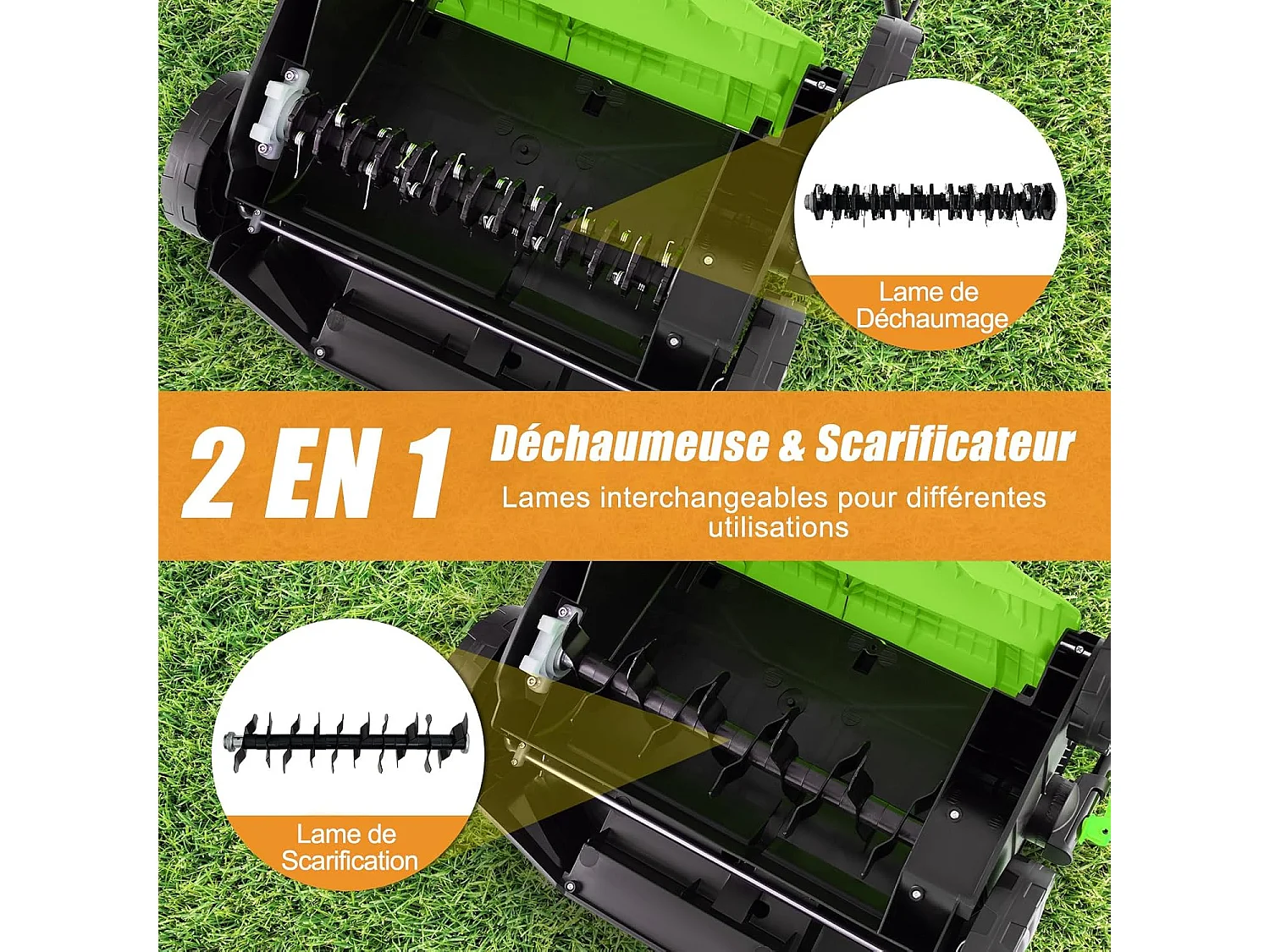 Scarificateur de Pelouse Électrique 2 en 1 de 15A,  Aérateur Filaire avec 2 Lames, Double Interrupteur de Sécurité Réglable à 5 Positions (Vert)